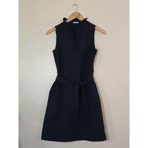 J McLaughlin Belted Sheath Dress Womens Size 2 Navy Blue Sleeveless Ruffle Neck